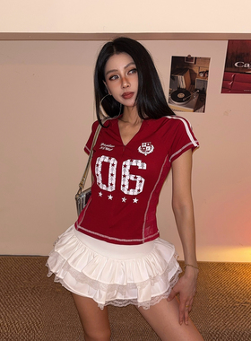 DoubleD美式辣妹风V领数字印花短袖T恤女修身显瘦运动红色短上衣