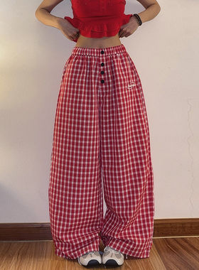 DoubleD红色格纹阔腿休闲裤女夏季宽松松弛感美式直筒裤伞兵裤潮