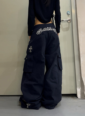 DoubleD豹纹十字架刺绣水洗多口袋工装裤美式街头阔腿裤休闲裤潮