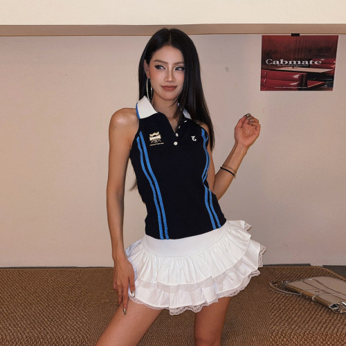 美式复古POLO领撞色显瘦背心女