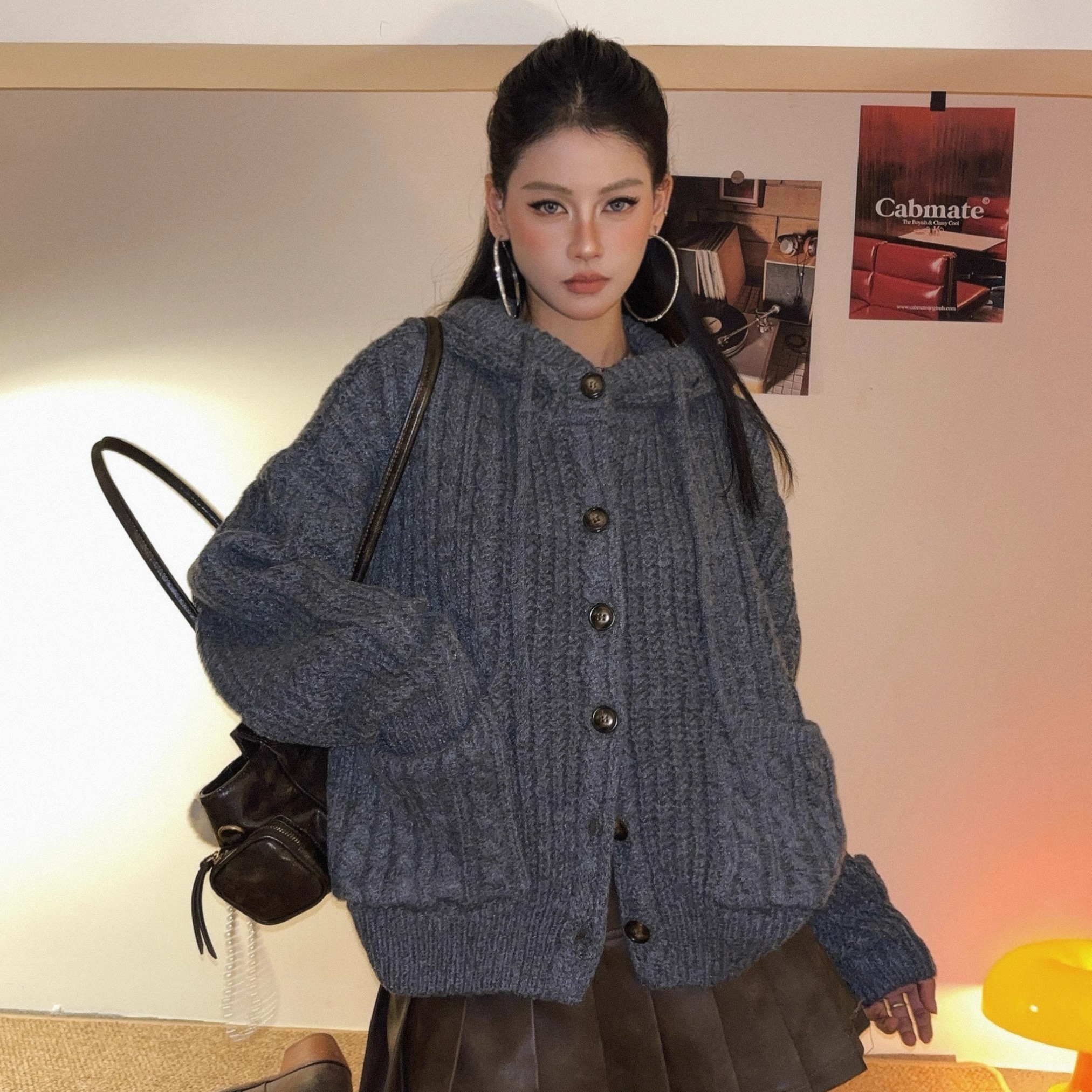 美式复古连帽长袖开衫女外套