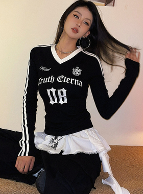 DoubleD美式复古辣妹运动风撞色V领长袖t恤女修身显瘦打底上衣秋