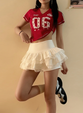 DoubleD甜酷高腰显瘦蛋糕裙女蕾丝拼接A字半身短裙百搭蓬蓬裙裤