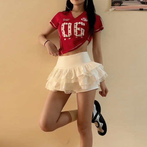 新款美式高腰显瘦蕾丝蛋糕裙裤