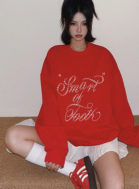 DoubleD 2025早春美式复古红珍珠字母钉珠宽松圆领套头卫衣情侣