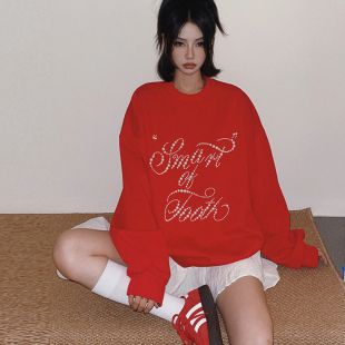 DoubleD 复古红珍珠字母钉珠宽松圆领套头卫衣情侣 2025早春美式