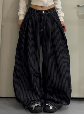 美式复古经典竖条纹弯刀裤阔腿牛仔裤女慵懒风垂感拖地裤百搭长裤