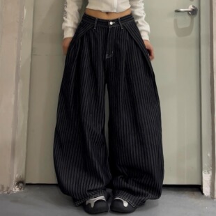 复古经典 百搭长裤 竖条纹弯刀裤 女慵懒风垂感拖地裤 阔腿牛仔裤 美式