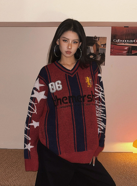 DoubleD美式Blokecore复古提花刺绣V领毛衣男女秋冬宽松针织上衣