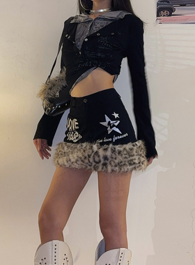 DoubleD美式辣妹豹纹毛毛拼接低腰半身裙女秋冬千禧风低腰包臀裙