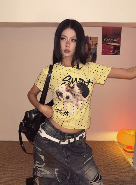 DoubleD美式复古黄色波点小狗印花短袖T恤女夏季正肩修身短款上衣