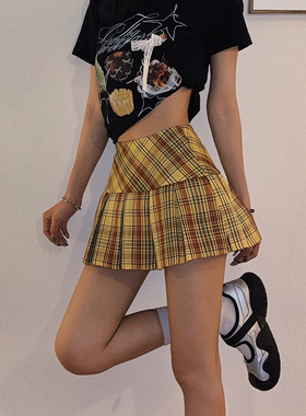 DoubleD美式复古格子百褶裙女黄色辣妹百搭半身裙学院风a字短裙潮