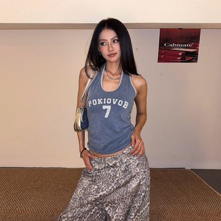 DoubleD美式复古运动风撞色字母印花挂脖背心女辣妹修身无袖上衣