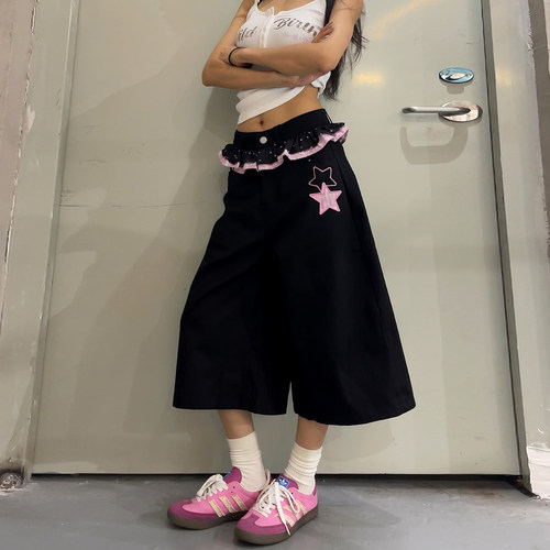 2026新款女美式刺绣阔腿七分裤