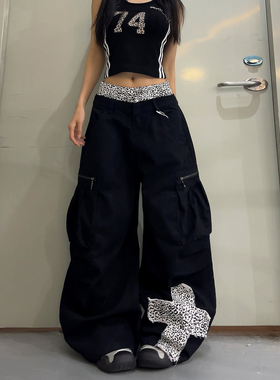 DoubleD美式街头豹纹拼接双腰头工装裤男女十字架贴布弯刀阔腿裤