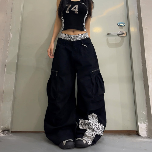 复古豹纹拼接双腰工装阔腿裤女