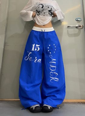 美式街头撞色抽绳腰头星星字母印花弯刀伞兵裤男女休闲运动长裤潮
