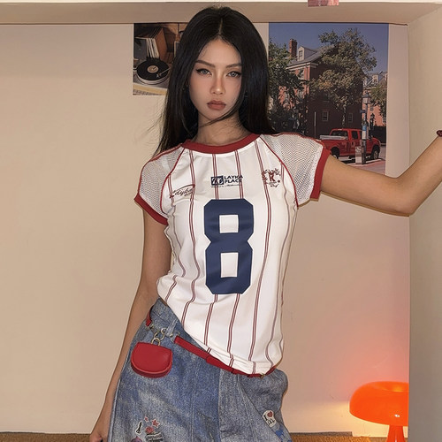 美式复古条纹修身短袖T恤