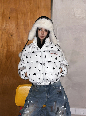 DoubleD美式白色星星满印立领棉服女冬季保暖宽松面包服棉衣外套