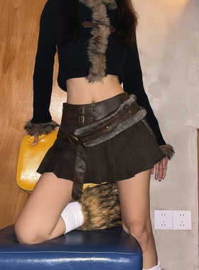 DoubleD棕色中低腰毛毛拼接PU皮y2k辣妹风迷你短裙A字裙百褶短裙