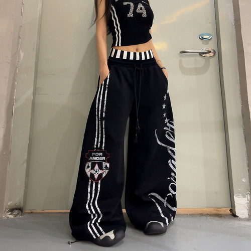 美式复古印花双腰头阔腿裤女