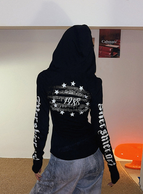 DoubleD哥特风字母印花连帽长袖T恤女美式街头薄款修身罩衫上衣