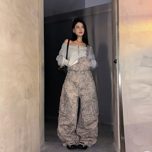 2025新款女美式潮流复古豹纹背带