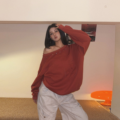 美式复古铆钉数字印花长袖卫衣