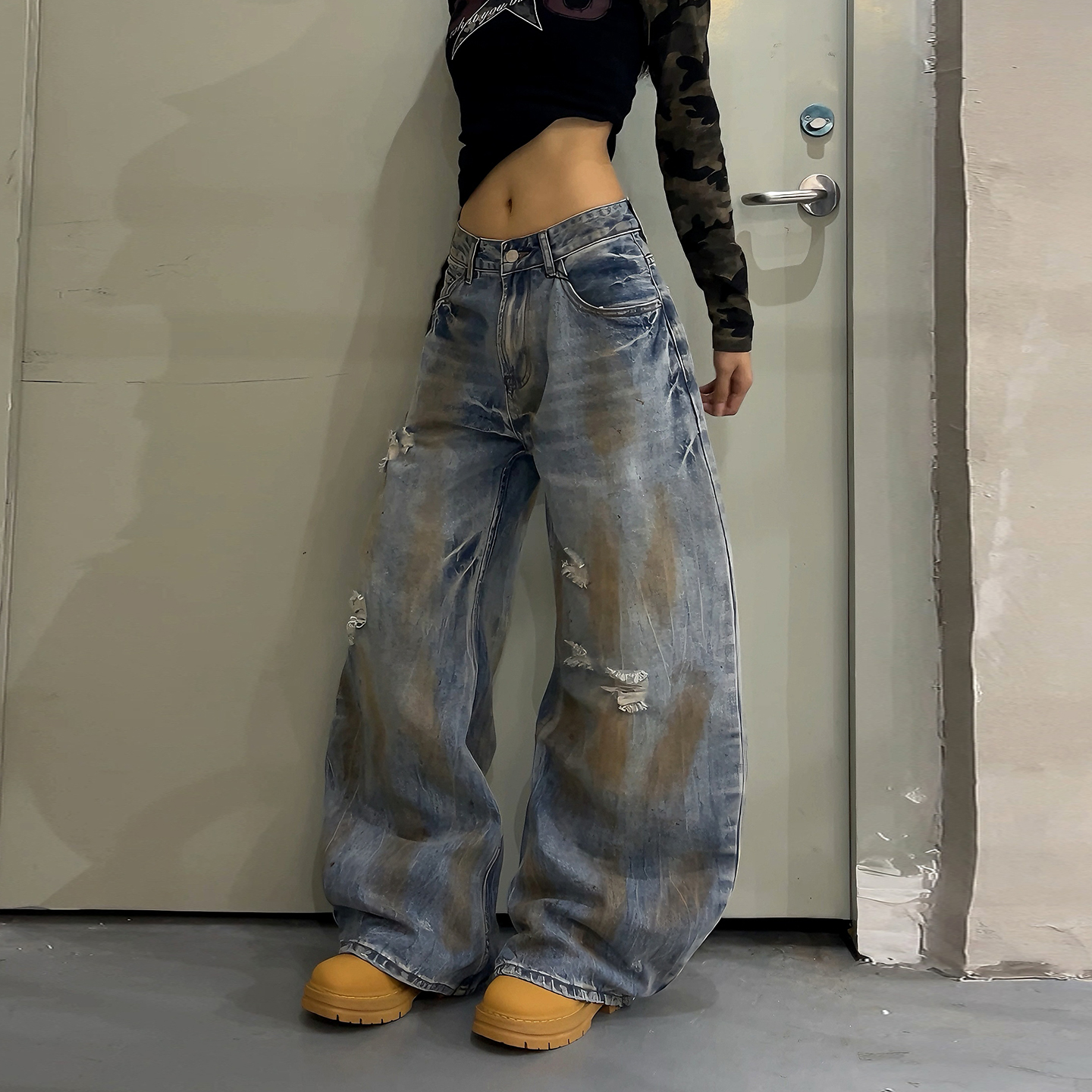 美式复古水洗做旧宽松直筒阔腿裤