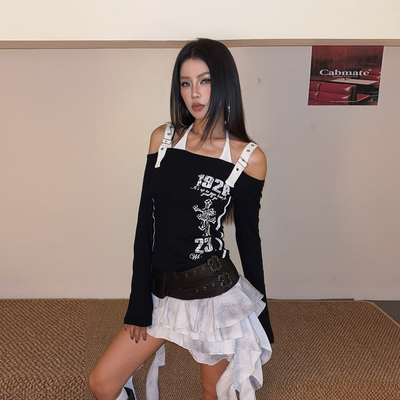 美式辣妹挂脖一字肩数字印花T恤