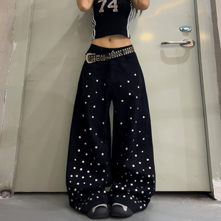 男女阔腿拖地裤 潮 黑色烫钻铆钉设计感宽松直筒牛仔裤 DoubleD美式