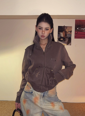 DoubleD美式复古水洗喷墨铆钉立领短款卫衣外套女秋宽松夹克上衣