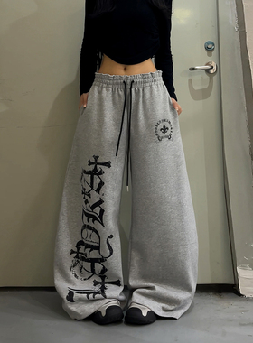 DoubleD美式街头字母印花抽绳灰色卫裤女宽松弯刀裤嘻哈爵士舞裤