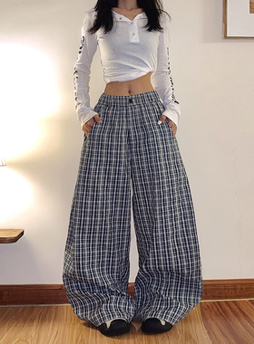 DoubleD美式复古松弛感蓝色格子裤运动风宽松阔腿裤男女休闲长裤