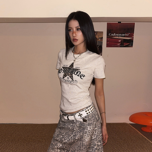 DoubleD豹纹星星刺绣贴布正肩短袖 辣妹修身 显瘦短款 上衣 T恤女夏季