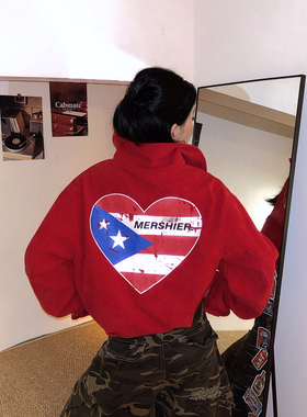 DoubleD美式复古红色飞行夹克爱心印花翻领灯芯绒外套女宽松上衣