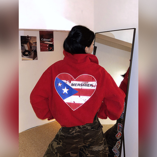 DoubleD美式复古红色飞行夹克爱心印花翻领灯芯绒外套女宽松上衣