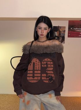 DoubleD美式复古运动风斜肩毛毛领可拆卸长袖卫衣女秋冬露肩上衣