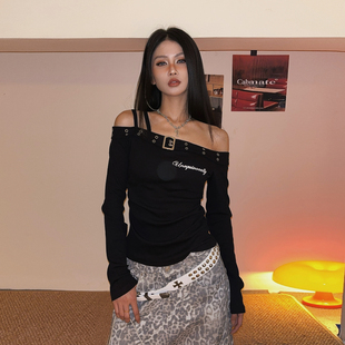 修身 显瘦打底上衣 T恤女早春新款 DoubleD小众设计感辣妹一字肩长袖