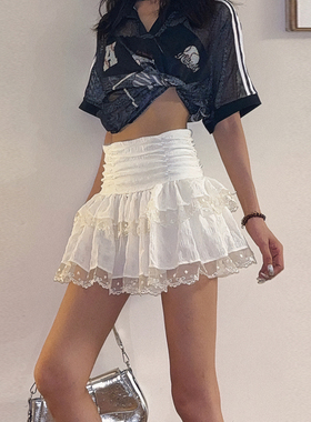 DoubleD白色芭蕾裙蛋糕裙女美式蕾丝拼接修腰百褶裙夏显瘦半身裙