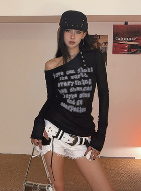 DoubleD复古Y2K古早辣妹字母印花斜肩长袖T恤女修身显瘦打底上衣