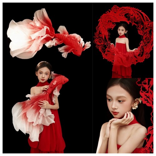 儿童摄影爆款新年锦鲤款10-12岁左右大童主题影楼拍摄服装道具