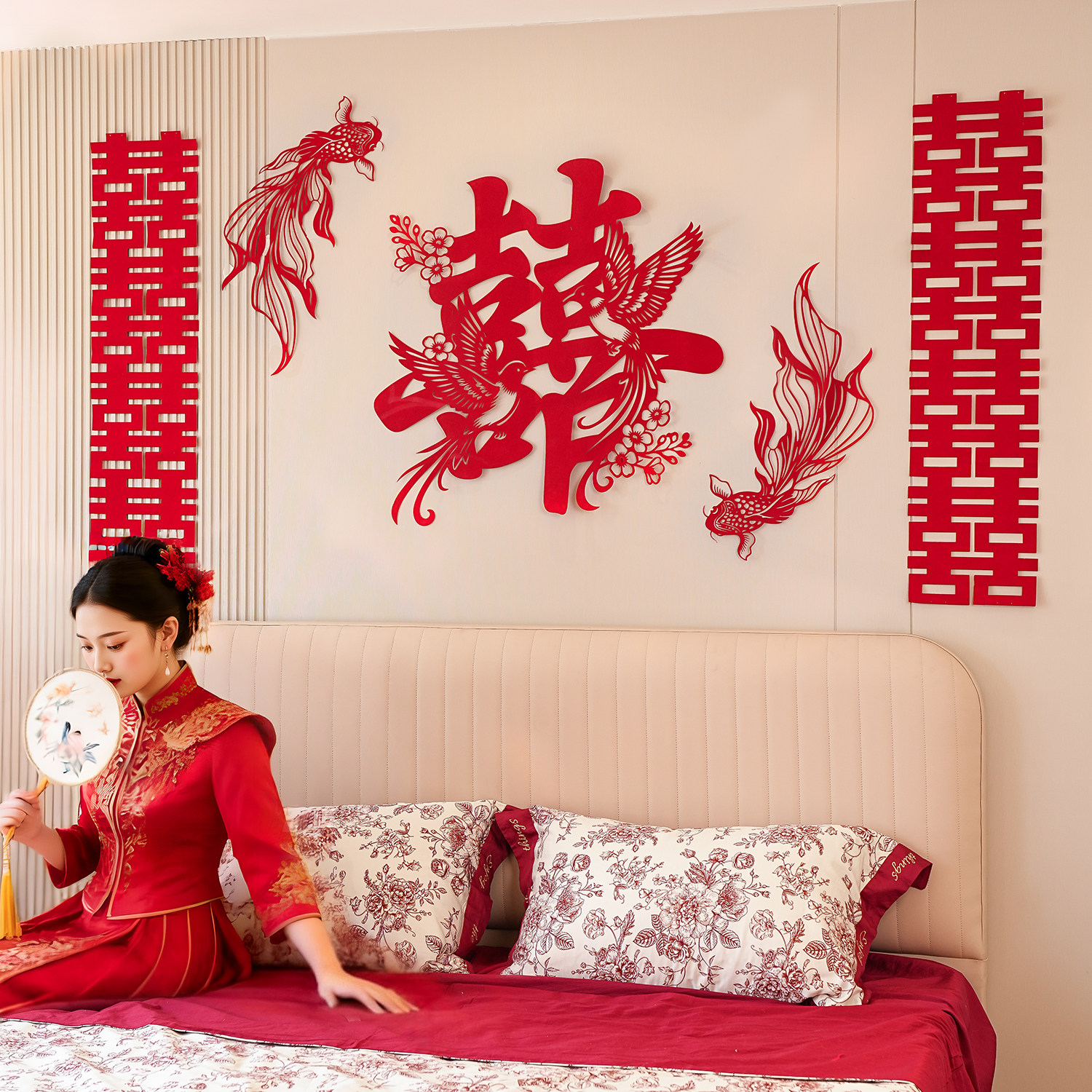 新款婚房布置结婚喜字剪纸拉花背景墙套装婚礼创意氛围感拍照道具