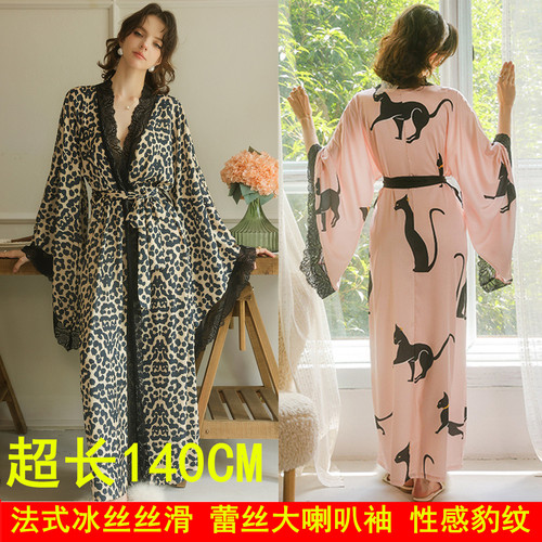 冰丝法式蕾丝豹纹吊带睡袍超长款