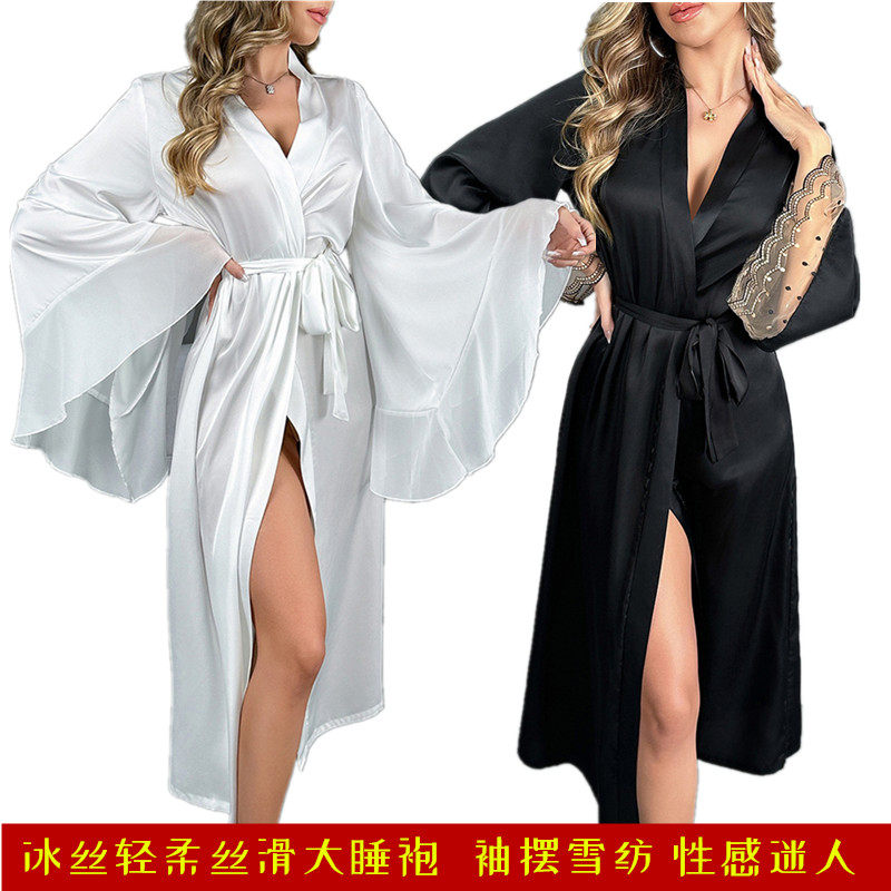 冰丝缎面超长睡袍大喇叭袖长袖荷叶边雪纺拼接夏季女白色浴袍黑色