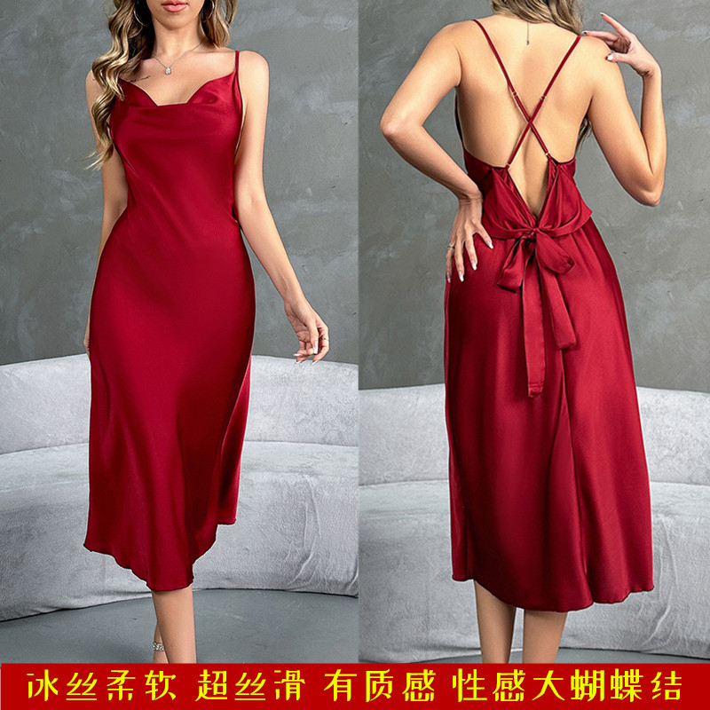 冰丝吊带睡裙性感露背大蝴蝶结女
