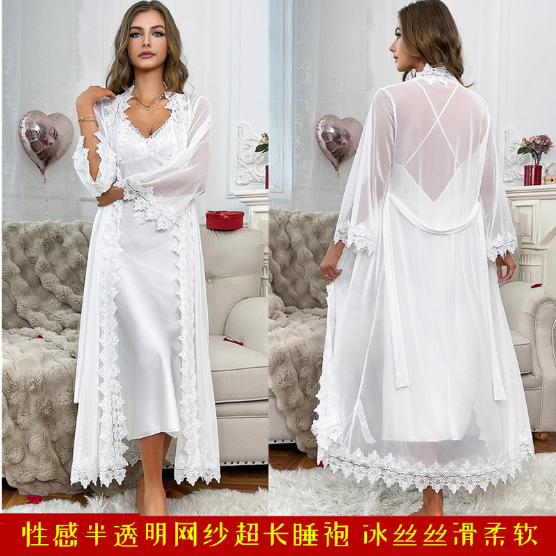 白色雪纺纱超长睡袍蕾丝花边加长款女冰丝吊带睡裙长袖浴袍两件套