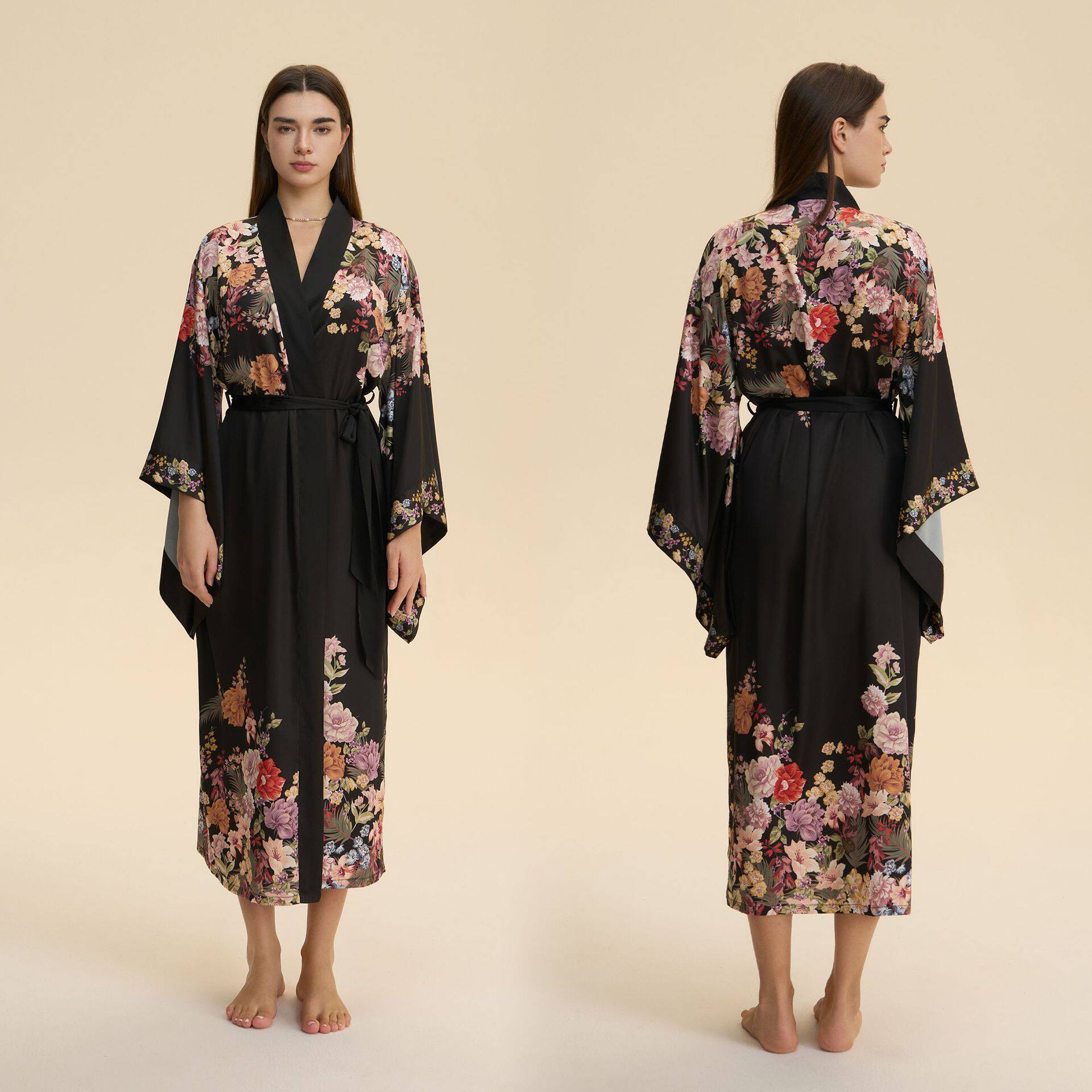 古典汉服超长睡袍冰丝明制大袖国风印花女缎面雪纺宽松美容院浴袍