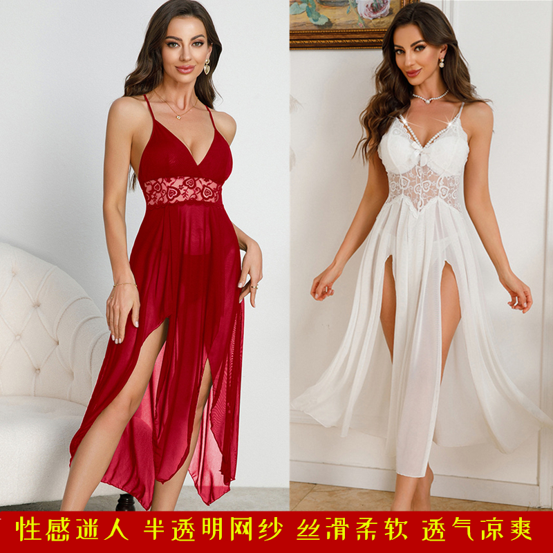 冰丝雪纺网纱珍珠吊带睡裙性感女