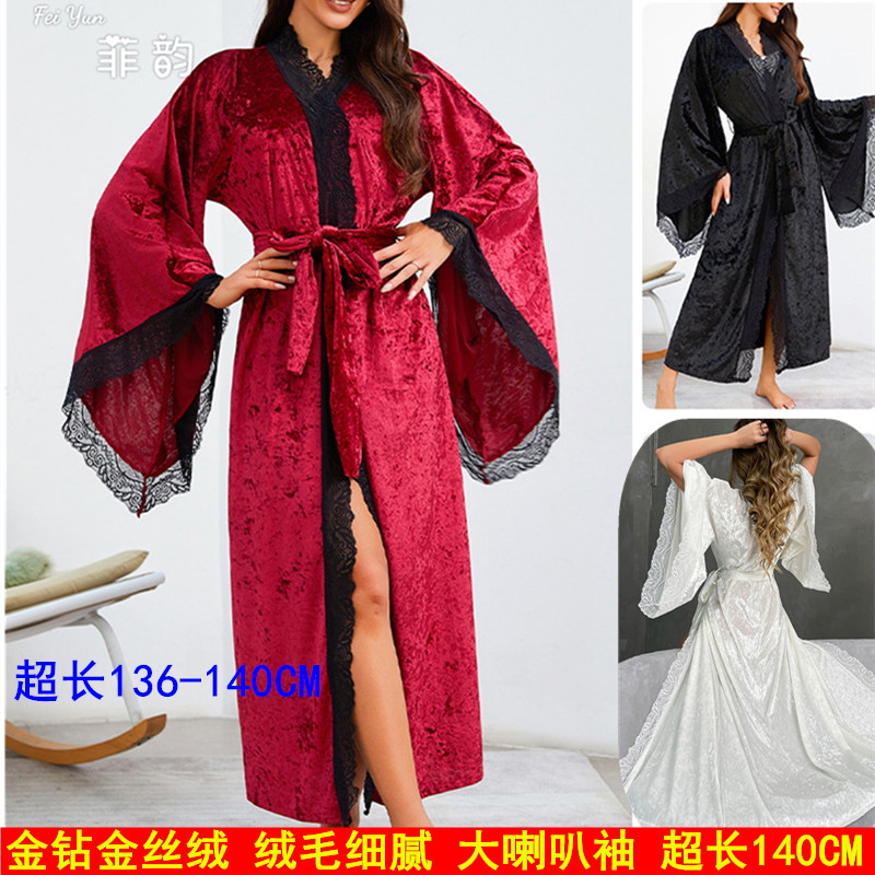 金丝绒女式超长睡袍大喇叭袖性感